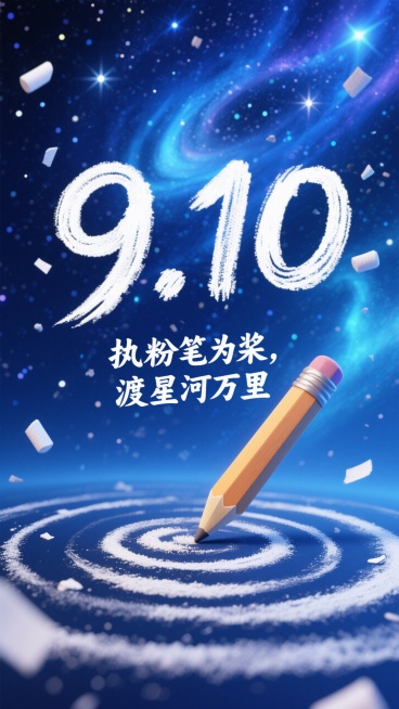 背景是深邃的蓝色星河，点缀着闪烁的星光与朦胧的星云，营造出浩瀚宇宙的氛围。画面中央用白色粉笔质感的字体呈现 “9.10”，字体边缘带有粉笔屑飘散的效果。下方一支粉笔倾斜着，笔尖接触下方的圆形粉笔灰轨迹预览效果
