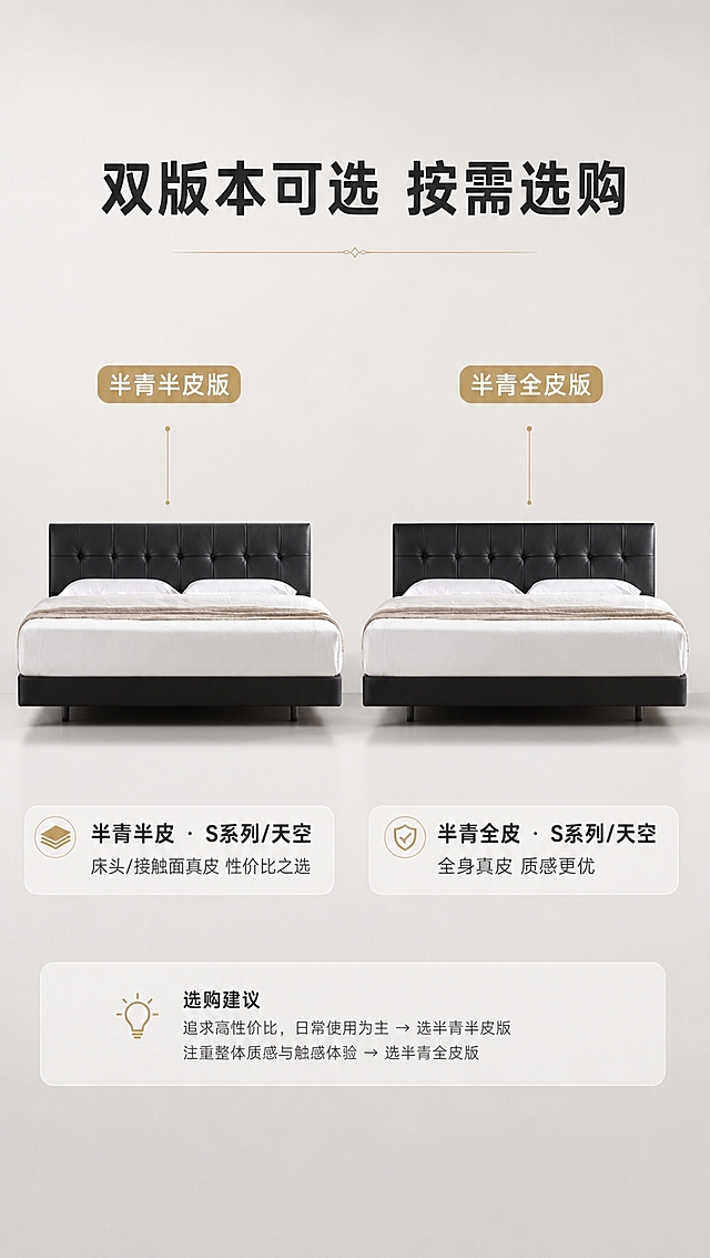 [商品] 使用【图1】黑色高脚齐边皮床；保留床头拉点软包、齐边床身、高脚、黑色皮质颜色、整体造型不变；左右两款分别代表半青半皮版与半青全皮版，外观造型一致，仅材质版本区分。
[画面] 目标：SKU选型页，双版本对比选购指南。构图：左右双床并列对比，左侧标注「半青半皮版」，右侧标注「半青全皮版」，中间上方标题区；两款床各占画面约40%，正面角度对称摆放；浅灰渐变背景，底部投影；明亮均匀打光。
[视觉] 套系策略：风格=现代轻奢家居商业摄影；标题字=现代无衬线粗黑体；正文字=简洁无衬线体；主色=暖白+浅灰；背景延展=基于暖白浅灰做深浅层级、同色渐变和细腻哑光质感；强调色=香槟金，仅用于小面积图标、引线、标签和装饰线条；标题色=深炭黑；正文色=中暖灰；组件=圆角浅底信息卡、细线引线、香槟金装饰线；光影=均匀正面柔光，产品清晰，亮色调为主。
[文字] 顶部主标题「双版本可选 按需选购」（8字），左款下方说明「半青半皮 · S系列/天空」+ 小字「床头/接触面真皮 性价比之选」，右款下方说明「半青全皮 · S系列/天空」+ 小字「全身真皮 质感更优」；底部选购建议小字；文字全部横向排版。
[规格] 图片比例9:16竖版，4K分辨率，避免变形、错字、文字过小、冷蓝背景、床颜色改变、结构失真、极限词。
