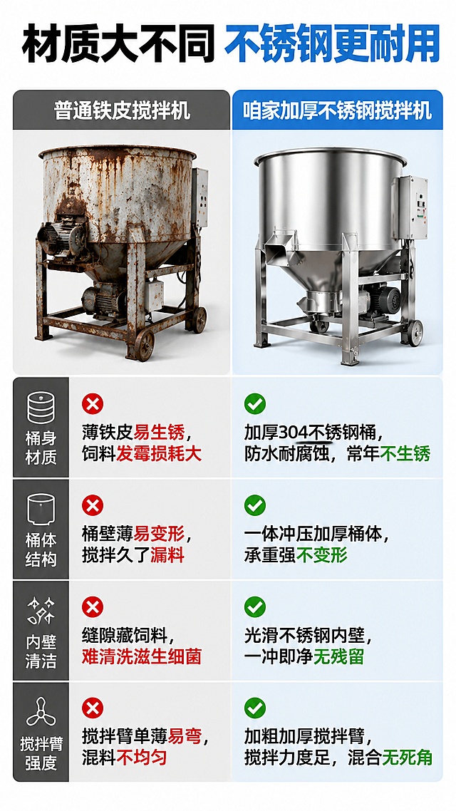 [第2屏] 不锈钢饲料搅拌机痛点对比模块，左右分栏对比普通铁皮搅拌机和本款加厚不锈钢搅拌机。[氛围/风格] 清晰对比风格，商务简约，高对比度突出差异。[元素布局] 页面左右平均分栏，左栏标题普通铁皮搅拌机，展示传统搅拌机生锈变形问题示意图；右栏标题咱家加厚不锈钢搅拌机，展示不锈钢优势；表格对比四个维度：桶身材质、桶体结构、内壁清洁、搅拌臂强度；保留本产品不锈钢材质优势展示。[光影质感] 均匀柔光，文字清晰，对比信息一目了然。[配色色系] 全局底色白色 #FFFFFF，左栏浅灰色背景，右栏浅蓝色背景，问题点用红色标注，优势点用绿色标注。[视角构图] 横版信息排版，左右对比，信息层级清晰，从上到下依次是标题、对比表格。[文字版式] 顶部大标题：材质大不同 不锈钢更耐用；表格四行对比文字：1.左：薄铁皮易生锈，饲料发霉损耗大 / 右：加厚304不锈钢桶，防水耐腐蚀，常年不生锈；2.左：桶壁薄易变形，搅拌久了漏料 / 右：一体冲压加厚桶体，承重强不变形；3.左：缝隙藏饲料，难清洗滋生细菌 / 右：光滑不锈钢内壁，一冲即净无残留；4.左：搅拌臂单薄易弯，混料不均匀 / 右：加粗加厚搅拌臂，搅拌力度足，混合无死角；表格文字清晰，不模糊。[比例分辨率] 9:16 竖版比例，4K分辨率，文字清晰可辨，高清画质。[负向提示词] 文字错乱，文字过小，表格变形，颜色混淆，信息错行，产品变形