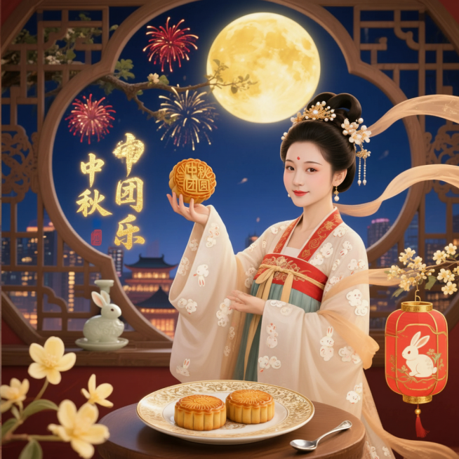 嫦娥着月白云锦汉服，袖口绣红金祥云，下摆有传统花纹暗纹，垂挂髻插珍珠桂花簪，笑眼弯弯向右侧递月饼，右手捏着巴掌大的广式莲蓉月饼，饼面烫金“中秋团圆”，边缘缀小桂花，身前描金雕花盘里卧2枚同款月饼，旁置预览效果