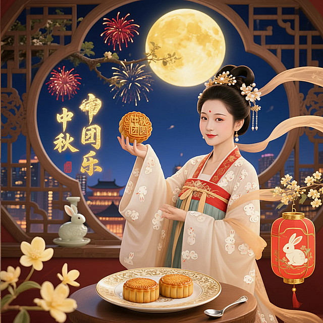 工笔风与国潮风融合，古典仕女手持月饼，月下花影映衬，鎏金文字“中秋团圆”点缀，喜庆梦幻，尽显中式唯美意境。