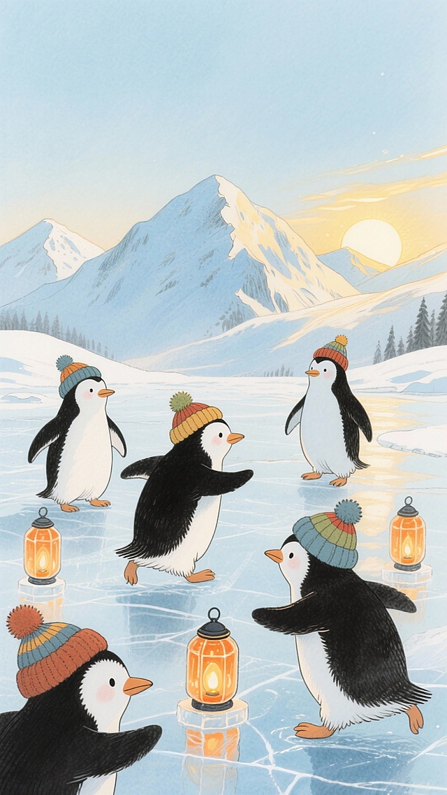 童话温馨插画，画面上是几只可爱的毛绒企鹅，黑白颜色，头上带着彩色毛线帽，正在冰面上玩耍，背景是连绵的雪山和浅蓝色的天空，一轮夕阳照耀在山上、冰面上，散发着金色的光芒，冰面上有可爱的冰灯，是企鹅样式，发着橙色的温暖灯光。