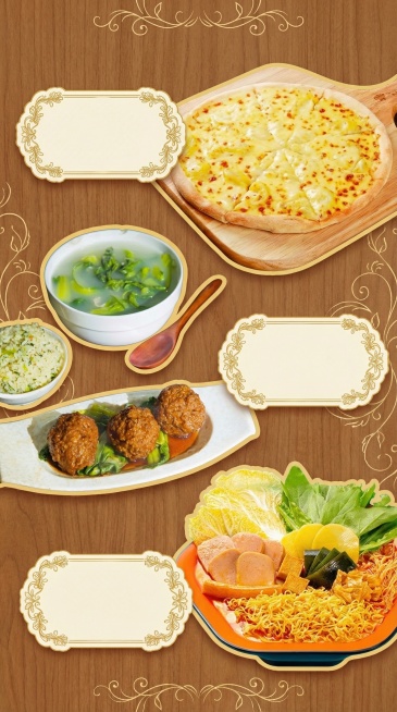 将图1的狮子头套餐、图2的榴莲披萨、图3的麻辣烫合理错落布局在画面中，搭配暖棕色木纹背景和浅金色卷草纹图纹，整体色调调整为暖黄色系，给每个菜品添加精致的浅金色描边，在每个菜品旁设置米白色带金色花边的圆预览效果