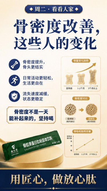 在原图基础上修改，右下角骨吸收趋势改善示意图中，趋势线条调整为从左向右上升，骨吸收值从低到高，符合坚持补充后骨健康改善的逻辑，保持所有其他内容、配色、排版、文字、产品展示完全不变，仅修正趋势线方向，分预览效果