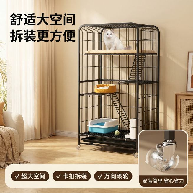 [主图 5] 产品核心卖点与服务总结
[氛围风格] 温馨舒适家居治愈风，暖调自然光，统一家居场景
[画面元素] 商业摄影质感，光线柔和通透，产品清晰真实，画面干净高级。保持产品猫笼子和原图一致，整体放预览效果