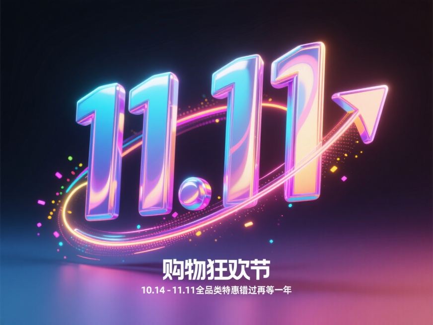 立体11.11数字+箭头，数字表面流动光效，箭头路径有粒子拖尾，荧光色点缀，背景暗色渐变，搭配霓虹线路效果。底部添加“购物狂欢节”标签，副标题“10.14-11.11全品类特惠错过再等一年”预览效果