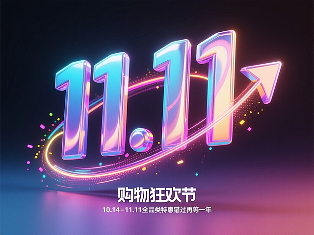 赛博朋克风3D数字“11.11”闪耀霓虹，玻璃质感与液态光影交织，未来感十足，箭头动态引导，营造酷炫梦幻的双十一购物狂欢节氛围。