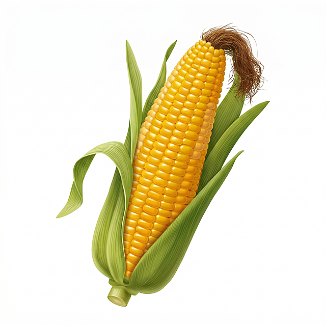 黄玉米颗粒饱满，保留玉米外皮、绿色叶片和棕色玉米须
