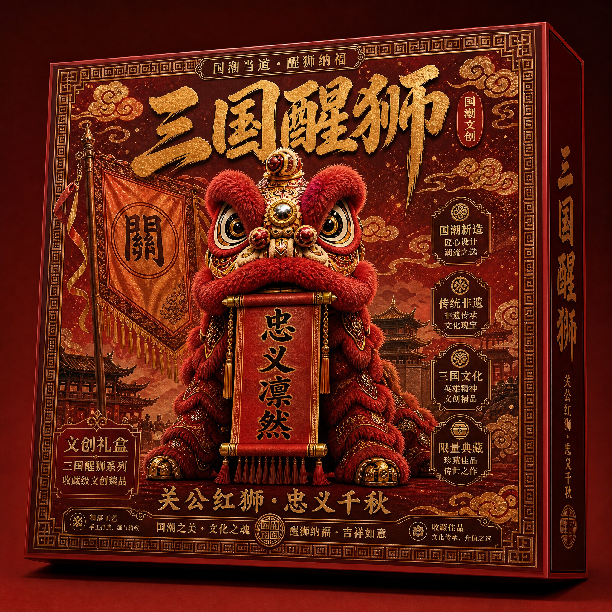 国潮文创礼盒包装正面效果图，关公红狮款。方形硬盒包装，正面中央… - 图片创意预览