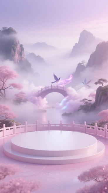 画面主体是粉白色圆形展台，展台外围有一圈围栏，背景是一些弥漫雾气的山水，山水中间有鹊桥，粉紫柔和色调。预览效果