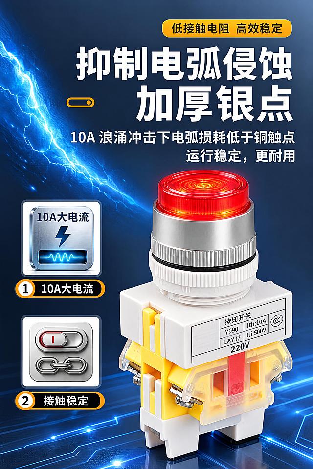 竖版750px宽，带灯平头按钮抑制电弧侵蚀卖点页，全部用思源黑体。

产品处理：红色带灯平头按钮（红色灯罩亮着）站在画面右侧，从原背景抠出，形状颜色不改；擦除产品标签上的CHKL和浙江凯蓝电气科技有限公司补白；标签保留按钮开关、Y090、Ith:10A、LAY37、Ui:500V、CCC标志、底部220V。

保留文案：右上角标签低接触电阻 高效稳定；大标题抑制电弧侵蚀/加厚银点；说明10A浪涌冲击下电弧损耗低于铜触点，运行稳定，更耐用；左侧两个图标卡片：10A大电流（闪电+波形图标）、接触稳定（开关+链条图标）。

新排版：标题顶部居中偏右；产品放右侧占60%；左侧两个图标卡片上下排列，橙色数字标号。

新背景：深蓝灰色渐变背景，左侧一道蓝色电弧光效（呼应抑制电弧），产品底部有蓝色科技光线纹路；不要模糊工厂车间。