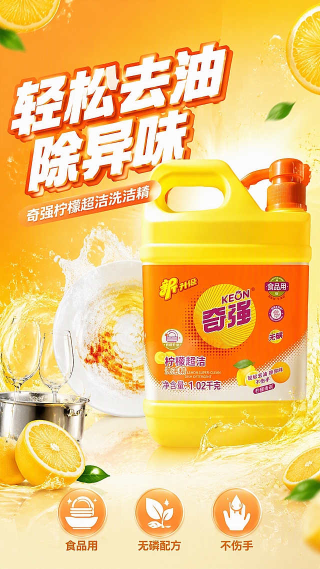 第1张 详情页头图，奇强柠檬超洁洗洁精，轻松去油除异味主视觉。使用图1作为商品主体。
抖音快手竖版，强视觉冲击，橙黄色调，大字标题。
洗洁精瓶立于画面中央偏右占50%，瓶身外观与输入图完全一致。背景清新橙黄渐变，周围柠檬片、泡沫、水花、餐具、油污分解元素。营造去油洁净的感觉。
正面柔光打亮产品，背景柔和光效，清新明亮。
背景橙黄到浅黄渐变，主色橙黄和白色，辅助色柠檬黄。
左上大标题「轻松去油 除异味」白粗黑带橙边；副标题「奇强柠檬超洁洗洁精」；底部三卖点图标「食品用」「无磷配方」「不伤手」。
9:16竖版，4K高清。
负向：变形，错字，模糊，杂乱，水印，价格。