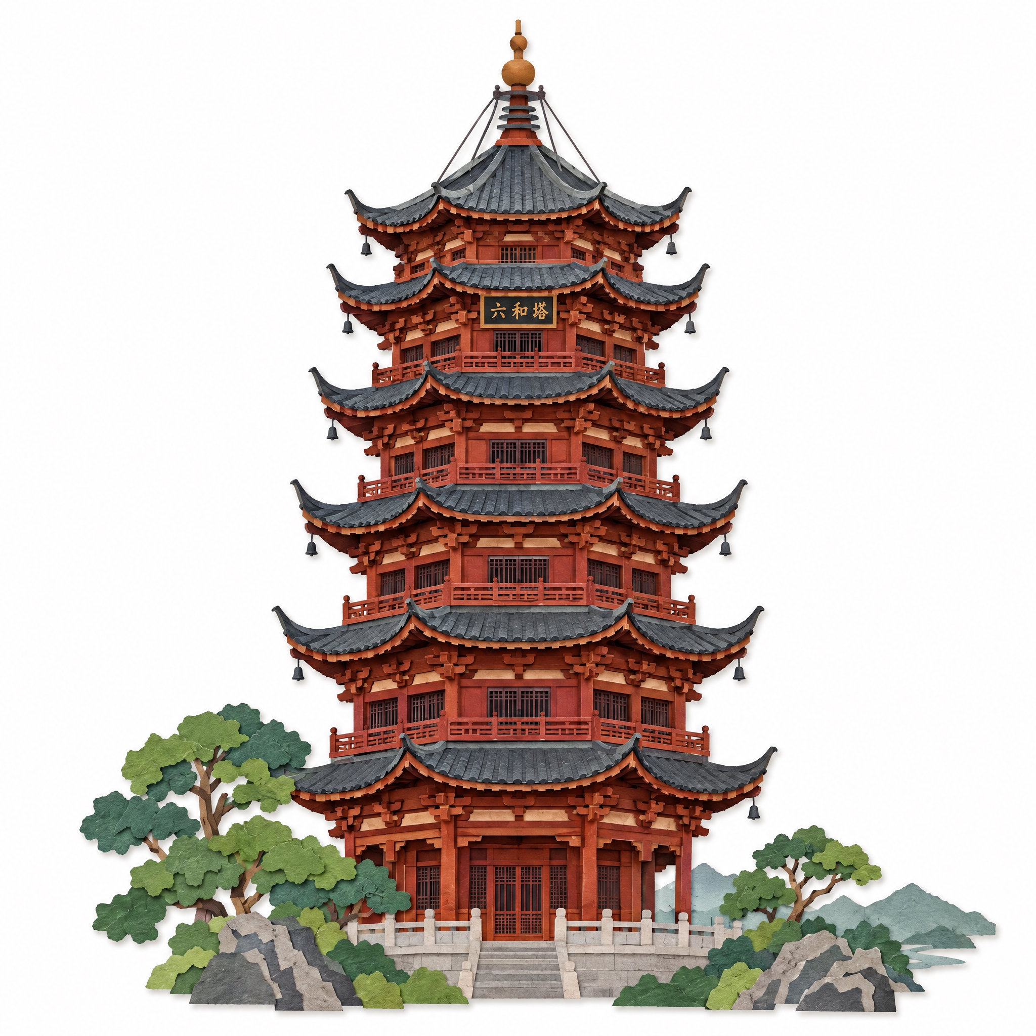 杭州六和塔的彩色纸片艺术风格插画，六和塔多层木结构古塔造型准确… - 图片创意预览