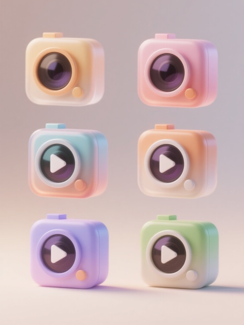 6个不同配色、不同样式、不同材质的放映机造型，采用3D立体设计，具有柔和渐变色彩与光滑半透明材质质感，圆形镜头与方形机身结合，正面有白色三角形播放按钮，整体呈现简约现代的卡通风格，放置于浅色渐变背景上，以上下两行三列整齐对齐排列，光影柔和，阴影细腻，保持清新明快的视觉氛围。预览效果
