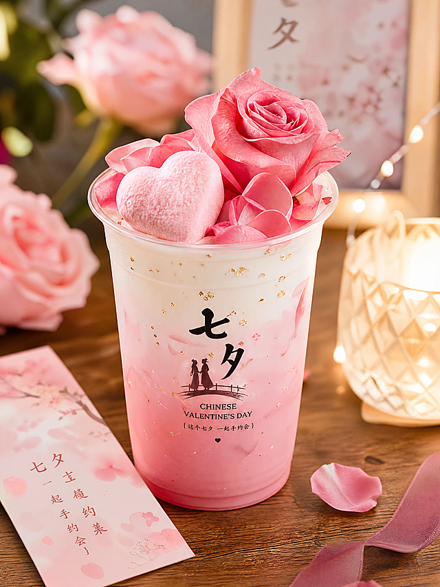 七夕限定奶茶类饮品，粉色渐变杯身，杯顶点缀粉色玫瑰和爱心棉花糖，木质桌面背景，浪漫氛围感，高清商业饮品摄影，暖调光影