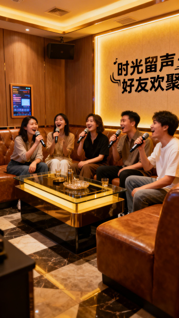 西安KTV温馨小包间，好友们一起合唱，配有“时光留声”“好友欢聚”文字，无商业标识预览效果