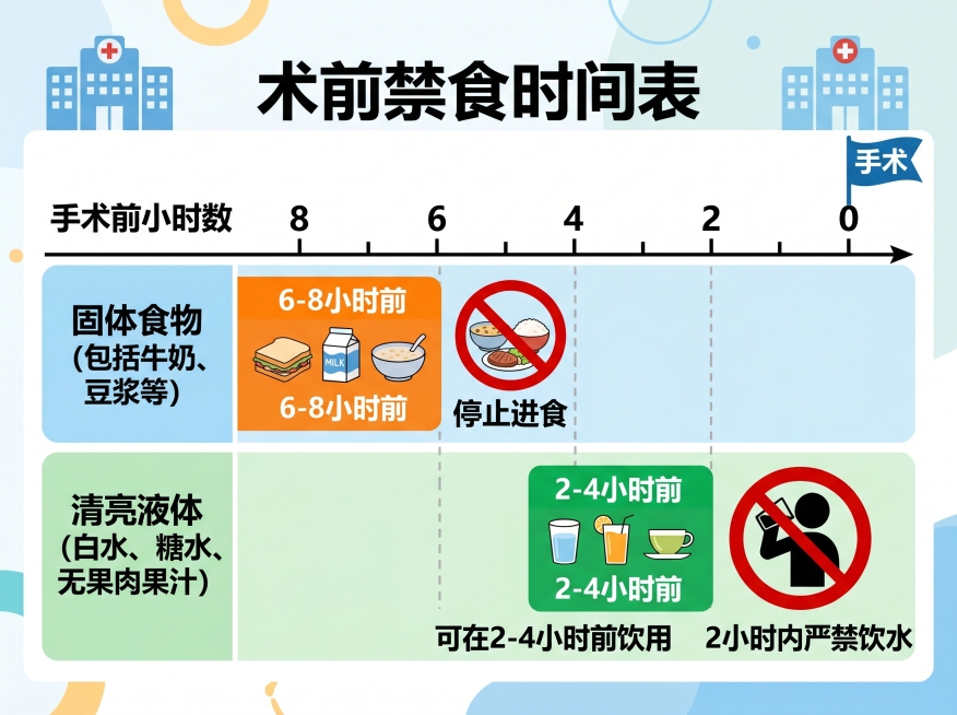 一张清晰的时间表图——横轴为“手术前小时数”，从上到下分两栏：第一栏“固体食物（包括牛奶、豆浆等）”标注6-8小时，第二栏“清亮液体（白水、糖水、无果肉果汁）”标注2-4小时，旁边加一个小人喝水的禁止预览效果