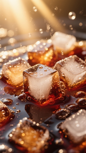特写镜头下的冰镇可乐，深棕红色的液体中漂浮着多块棱角分明、晶莹剔透的冰块，冰块表面凝结着细密的水珠，液体表面和冰块周围升腾着大量细小的气泡，呈现出强烈的冰镇气泡感，温暖的金色光线从背景斜射而入，在液体和冰块表面形成璀璨的高光和梦幻的光斑效果，整体画面质感细腻、光影层次丰富，充满清凉畅快的夏日氛围，高分辨率，超写实摄影风格。预览效果