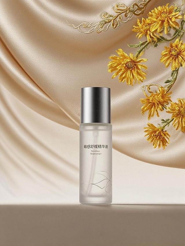 抠出主体，保留主体形状和颜色。背景是微风吹动的中式传统刺绣的香槟色绸缎，一簇金盏花点缀