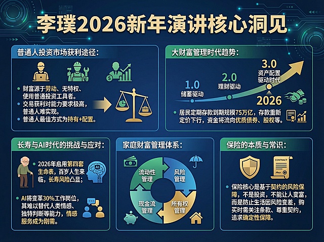 李璞2026新年演讲核心洞见
普通人投资市场获利途径：
财富源于劳动、无特权、使用普通投资工具者。
交易获利对能力要求极高，普通人难实现。
普通人最佳方式为持有+配置。
大财富管理时代趋势：
当前居民已转向关注财富保值增值。
1.0为储蓄驱动
2.0为理财驱动
3.0进入资产配置驱动时代
2026年居民定期存款到期规模75万亿，存款重新定价下行，资金将流向优质债券、股权等。
长寿与AI时代的挑战与应对：
2026年启用第四套生命表，百岁人生来临，长寿风险凸显；
AI将变革30%工作岗位，其难以替代人类情感、独特判断等能力，情感服务成为刚需。
家庭财富管理体系：
流动性管理
风险管理
现金流管理
所有权管理
保险的本质与常识：
保险核心是基于契约的风险保障，不是投资，不能让人变富，
而是防止生活因风险变差，购买时需关注条款、尊重契约，追求确定性保障。

保留所有文字内容