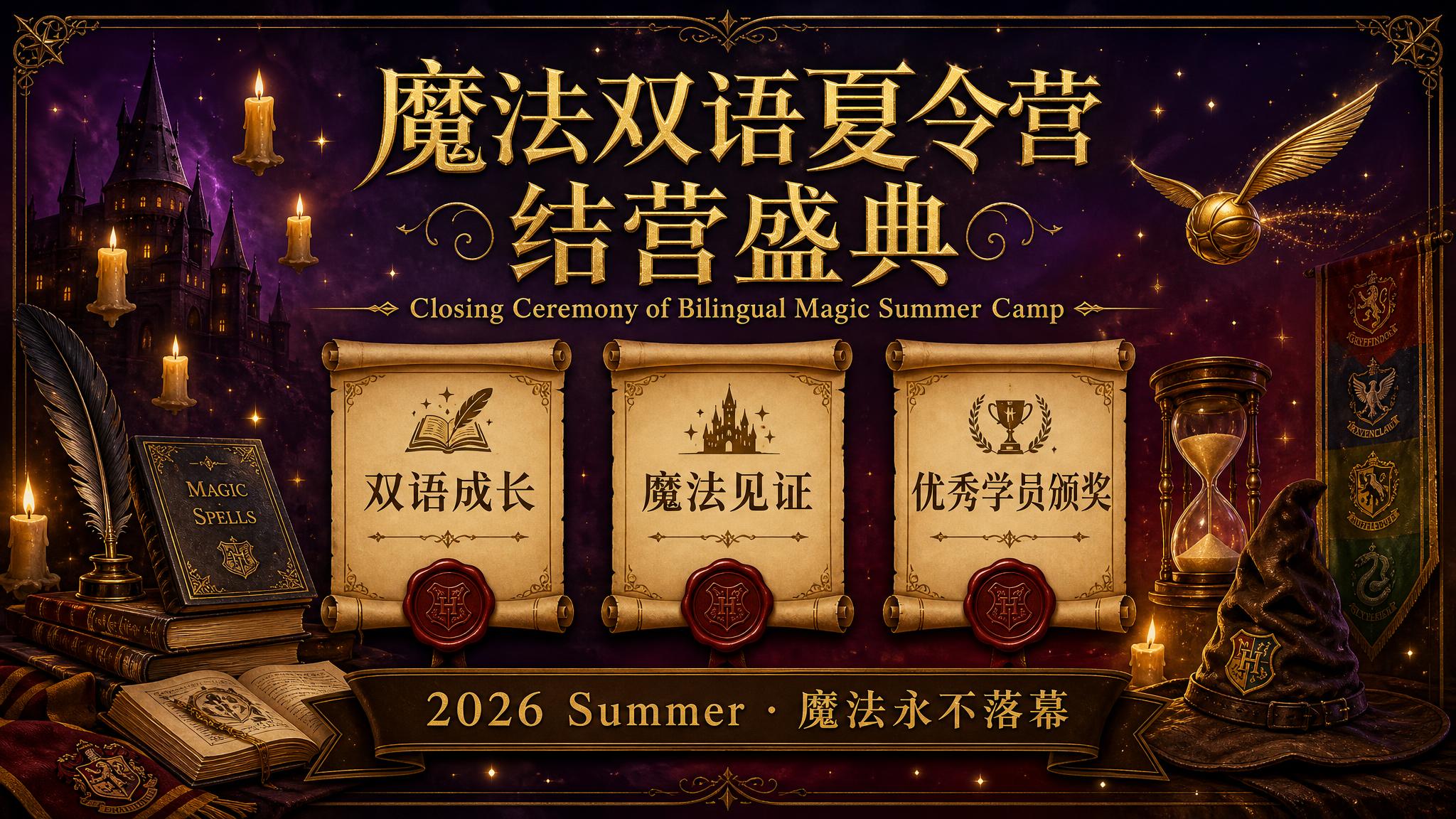 哈利波特魔法学院风格的双语夏令营结营仪式电子屏海报，横版16:… - 图片创意预览