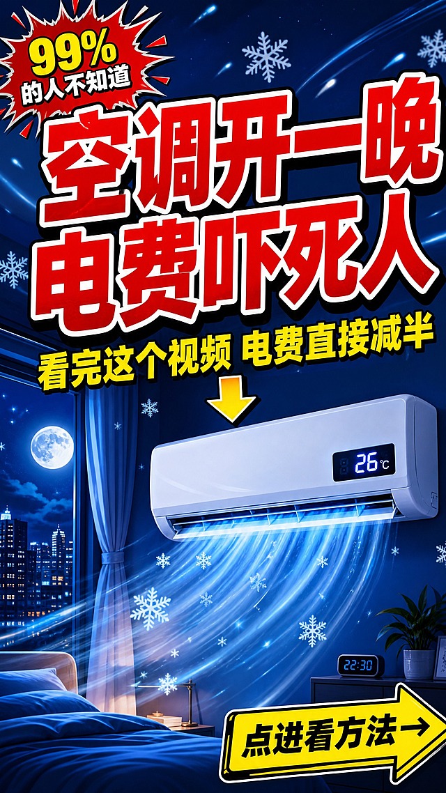抖音短视频封面，竖版9:16，强悬念钩子风格，只抛问题不给答案。画面中央超大号醒目红色粗体字"空调开一晚电费吓死人"，字体粗壮带白色描边和黑色阴影，视觉冲击力极强，占据画面上半部分主要视觉。中间一行黄色粗体字"看完这个视频 电费直接减半"，带箭头指向下方，制造悬念引导点击。画面下半部分是一台正在吹冷风的白色空调，空调显示屏显示26℃，冷风光效强烈，背景是深蓝色夜晚卧室场景，窗外有月亮和城市夜景，雪花和冷风线条点缀。左上角红色爆炸贴纸"99%的人不知道"，右下角黄色箭头贴纸"点进看方法→"，引导点击。整体风格：抖音爆款封面感，大字冲击+悬念留白+强对比配色，只抛钩子不透露具体方法，让用户好奇点进视频。版式精美，文字清晰可读，四周留安全边距。画面中所有信息区域必须填充完整合理内容，不得出现空白框。画面中所有数字必须精确渲染，不得错位遗漏。