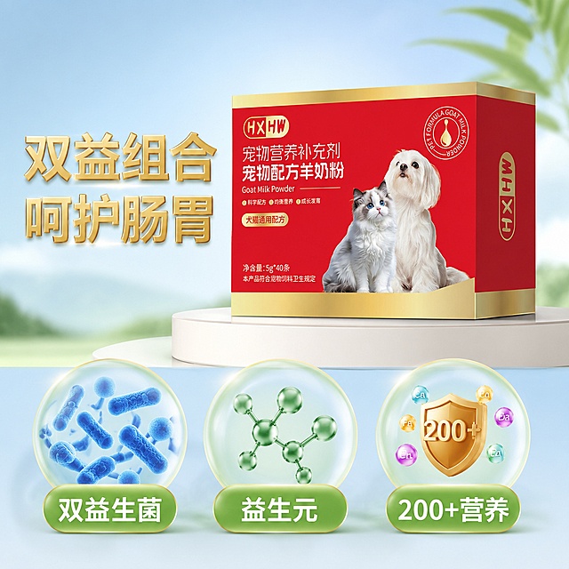 [主图-4] 肠胃呵护配方展示
[氛围风格] 健康温和，科学专业，突出配方优势
[画质] 商业摄影质感、光线柔和通透、产品清晰真实、画面干净高级
[元素] 采用画中画版式，HXHW宠物羊奶粉包装盒放在上半部分，下半部分分三个圆形图标展示核心成分：第一个图标标注"双益生菌"、第二个标注"益生元"、第三个标注"200+营养"，每个图标搭配对应的简约插图。保持产品包装外观颜色与原图绝对一致。
[光影] 均匀柔和光线，整体干净通透，图标清晰不模糊
[配色] 浅蓝浅绿健康色系搭配产品红金，整体和谐舒适
[视角构图] 上下结构，上产品下图文，均衡排版，层次分明
[文字版式] 上半部分产品左侧放置主标题"双益组合 呵护肠胃"，金色粗体大字，下半部分每个圆形图标内标注对应成分名称，文字清晰，图标大小一致，排版整齐，文字不遮挡产品主体
[输出要求] 1:1 正方形比例，文字清晰可辨，超高清商业摄影质感
[负向提示词] 变形，文字错乱，产品图模糊，背景杂乱，水印，电商平台Logo