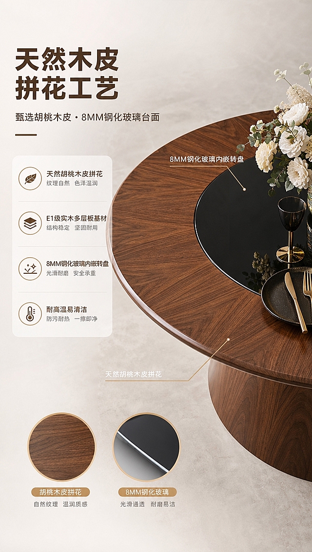 [商品] 使用【图1】DT-6606圆形餐桌；保留圆台造型、锥形底座、胡桃木棕色调、内嵌黑色玻璃转盘结构、天然胡桃木皮纹理；商品处理：增强木纹拼花细节与玻璃反光质感，突出台面材质层次，不改变产品结构。
[画面] 页面目标：设计美学与材质叙事，展示胡桃木皮拼花与钢化玻璃的高端碰撞。左文右图构图，左侧约2/5文案区，右侧约3/5为餐桌台面特写；餐桌以俯视角度呈现，占画面约60%，聚焦台面胡桃木皮拼花纹理与8MM钢化玻璃转盘的质感对比；前景有一束精致花艺与金属餐具点缀，背景为浅暖灰色渐变，干净简洁；画面下方有木纹材质小样与玻璃材质小样的圆形展示图标。
[视觉] 套系策略：风格=现代轻奢高级商业摄影；标题字=现代简约粗黑体；正文字=纤细无衬线体；主色=暖白+胡桃木棕；背景延展=基于暖白与胡桃木棕做深浅层级、同色渐变和细腻石材/木饰面质感；强调色=香槟金，仅用于小面积图标、引线、标签和金属餐具；标题色=深胡桃棕；正文色=暖灰；组件=圆角浅底信息卡、细线引线、香槟金点缀；光影=顶部暖白柔光，明亮通透，亮色调为主，突出木纹肌理与玻璃反光。
[文字] 左侧文案区：主标题「天然木皮拼花工艺」（8字），副标题「甄选胡桃木皮 · 8MM钢化玻璃台面」（14字），下方4个卖点：「天然胡桃木皮拼花」「E1级实木多层板基材」「8MM钢化玻璃内嵌转盘」「耐高温易清洁」；右侧台面特写配引线标注材质名称。
[规格] 图片比例9:16竖版，4K分辨率，淘宝/天猫详情页适配，避免变形、错字、文字过小、冷蓝灰调、产品颜色改变、结构失真、极限词。