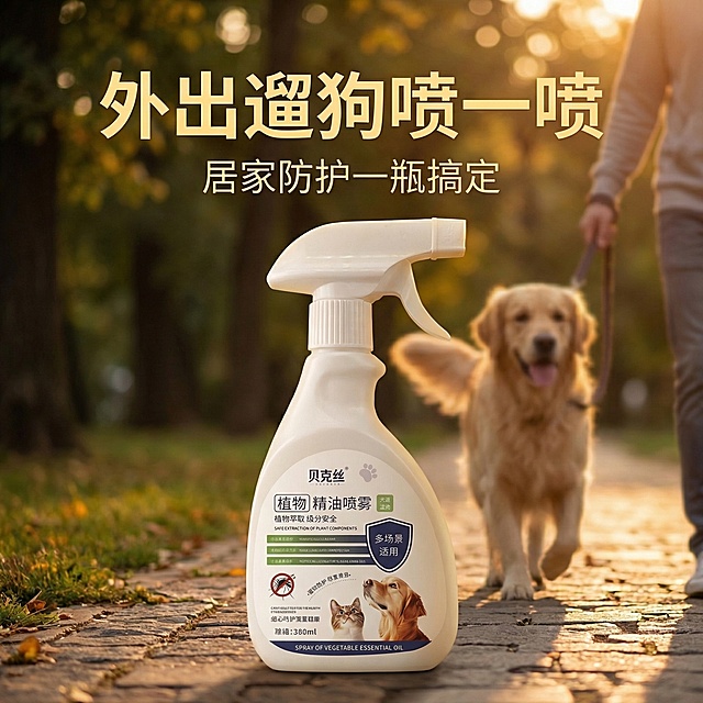 修改图片，更换背景为主人牵狗在公园散步的场景，带有傍晚暖光，喷雾产品放置在画面前景居中位置，背景的人和狗做虚化处理；添加大字“外出遛狗喷一喷”，小字“居家防护一瓶搞定”，整体风格温馨生活，有真实感，产品外观保持不变