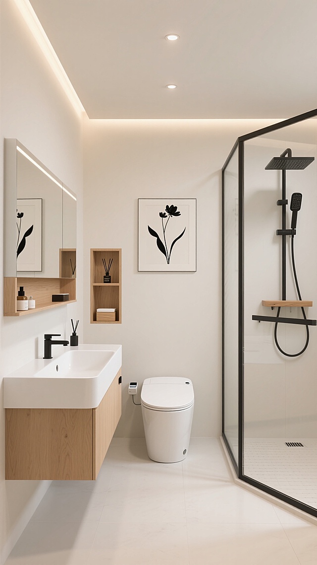 极简主义风格卫生间，整体采用米白色与浅木色搭配的现代简约设计，柔和的嵌入式灯带与顶部射灯提供均匀明亮的间接照明，营造干净通透的氛围。左侧为带有悬空式白色洗手台，台面整洁，配有白色水龙头和黑色洗漱用品，上方是带置物架的镜子；中央靠墙处为白色智能马桶，旁边墙面设有木质装饰壁龛，内置香薰和收纳盒；右侧是玻璃淋浴间，内部有黑色淋浴喷头和木质搁板，地面为浅色防滑瓷砖并设有排水槽。墙面挂有线条简约的黑色花卉装饰画，整体布局紧凑实用，空间利用合理，体现现代家居的舒适与功能性。