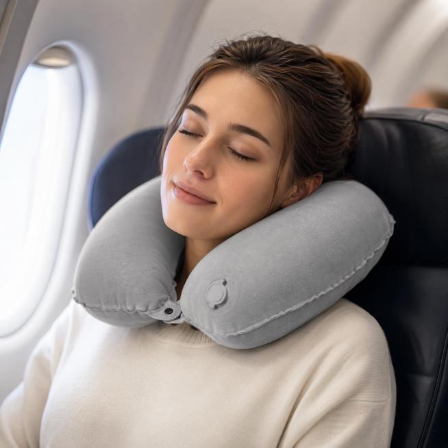 Generate a scene use main image for a cloud gray inflatable pillow, show the pillow used on an airpl预览效果