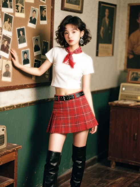 千禧年的老式照相馆，少女，微卷短发（白色短款T恤搭配红色系丝巾，红色格纹短裙配黑色铆钉皮带，黑色过膝长筒靴，金属耳饰）。少女撑着照片墙。看镜头。预览效果