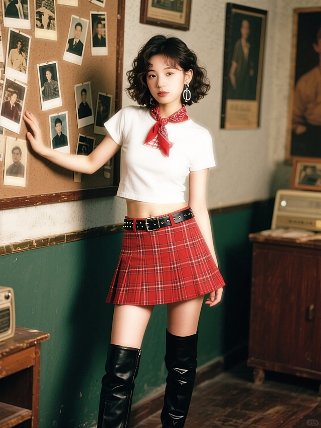 甜美复古风，红格裙搭配白T恤，杂志感十足，展现潮流美式复古魅力。