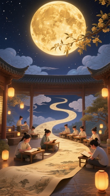 暖金色调，顶部设超大暖金圆月；圆月前点缀桂花枝，中下层借 S 型祥云贯穿，底下是一副精美的画卷，画卷之上有在赏月和看书的学生，画面充斥着学习氛围；背景明亮夜空，点缀小灯笼预览效果