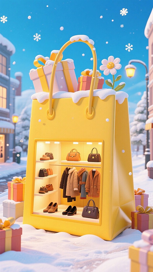 黄色购物袋，内部是服装店店铺（秋冬鞋服、包），暖黄灯光。购物袋顶部有覆着雪的礼盒、花朵。周围点缀礼盒，冬日雪景街道背景，蓝天
