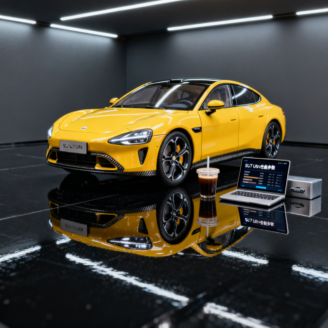 1:1 正方形构图，专业电商产品摄影，保持产品的真实材质质感（高光金属车漆、哑光碳纤维纹理、磨砂合金轮毂）。主体为亮黄色小米 SU7 Ultra 1:18 合金车模，车头朝左前方 45 度，停放在极简预览效果