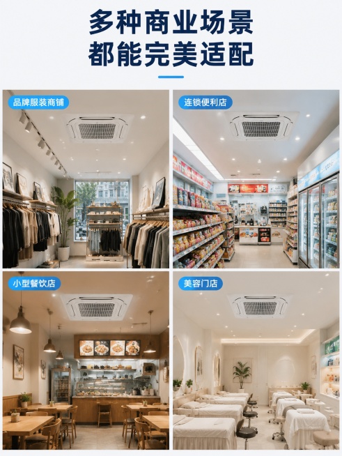 [第9屏] 场景适配-不同商业空间适用场景展示，采用四宫格拼图版式。
[氛围/风格] 实景拼接，丰富场景，生活化商业质感，清晰明亮。
[元素布局] 四个小方格分别展示四种适用场景：1. 品牌服装商铺，预览效果