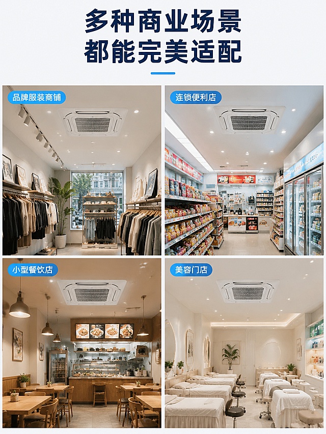 [第9屏] 场景适配-不同商业空间适用场景展示，采用四宫格拼图版式。
[氛围/风格] 实景拼接，丰富场景，生活化商业质感，清晰明亮。
[元素布局] 四个小方格分别展示四种适用场景：1. 品牌服装商铺，2. 连锁便利店，3. 小型餐饮店，4. 美容门店，每个场景展示天花机安装后的整体效果，突出不占空间和整体美观；每个方格配场景名称标签。
[光影质感] 每个场景自然采光，色彩还原真实，整体明暗均匀，拼图边界清晰自然。
[配色色系] 全局底色 #F8F9FA，每个场景保持原有自然色彩，标签用浅蓝底白字。
[视角构图] 2×2宫格拼图，每个场景一个视角，整体均衡展示。
[文字版式] 顶部大标题「多种商业场景 都能完美适配」，每个宫格角落标注场景名称，文字简洁，不遮挡场景主体。
[比例分辨率] 3:4 竖版比例，4K分辨率，文字清晰可辨，高清画质。
[负向提示词] 场景变形，拼接错位，文字过小，颜色失真，水印。