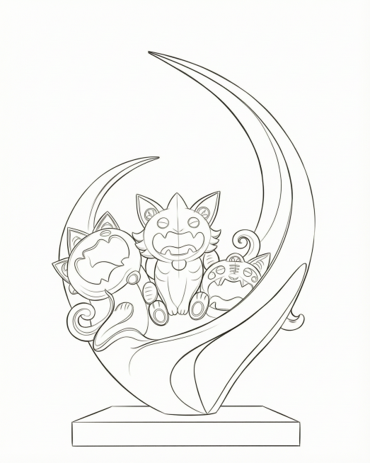 将这张瓦猫公共艺术雕塑转换为干净清晰的线稿，保留整体造型和三只瓦猫的轮廓结构，只保留黑色线条，去掉色彩和光影预览效果