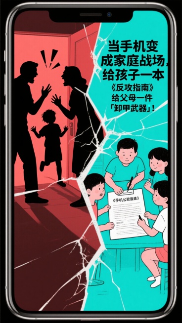 主画面：裂成两半的手机屏幕，左侧是全家争吵剪影（父母怒吼/孩子摔门），右侧变为全家协作制定《手机宪法》的手绘场景

色彩：左半屏暗红色调（冲突），右半屏蓝绿色调（和谐）
标语：

"当手机变成家庭战场预览效果