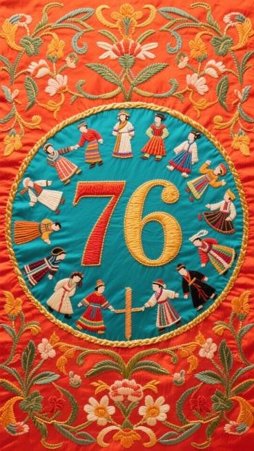 背景是红橙色锦绣布料感背景，特写的数字“76”，周围是五十六个民族的形象刺绣，围绕着它，数字周围环绕着一圈金色圆边框装饰预览效果