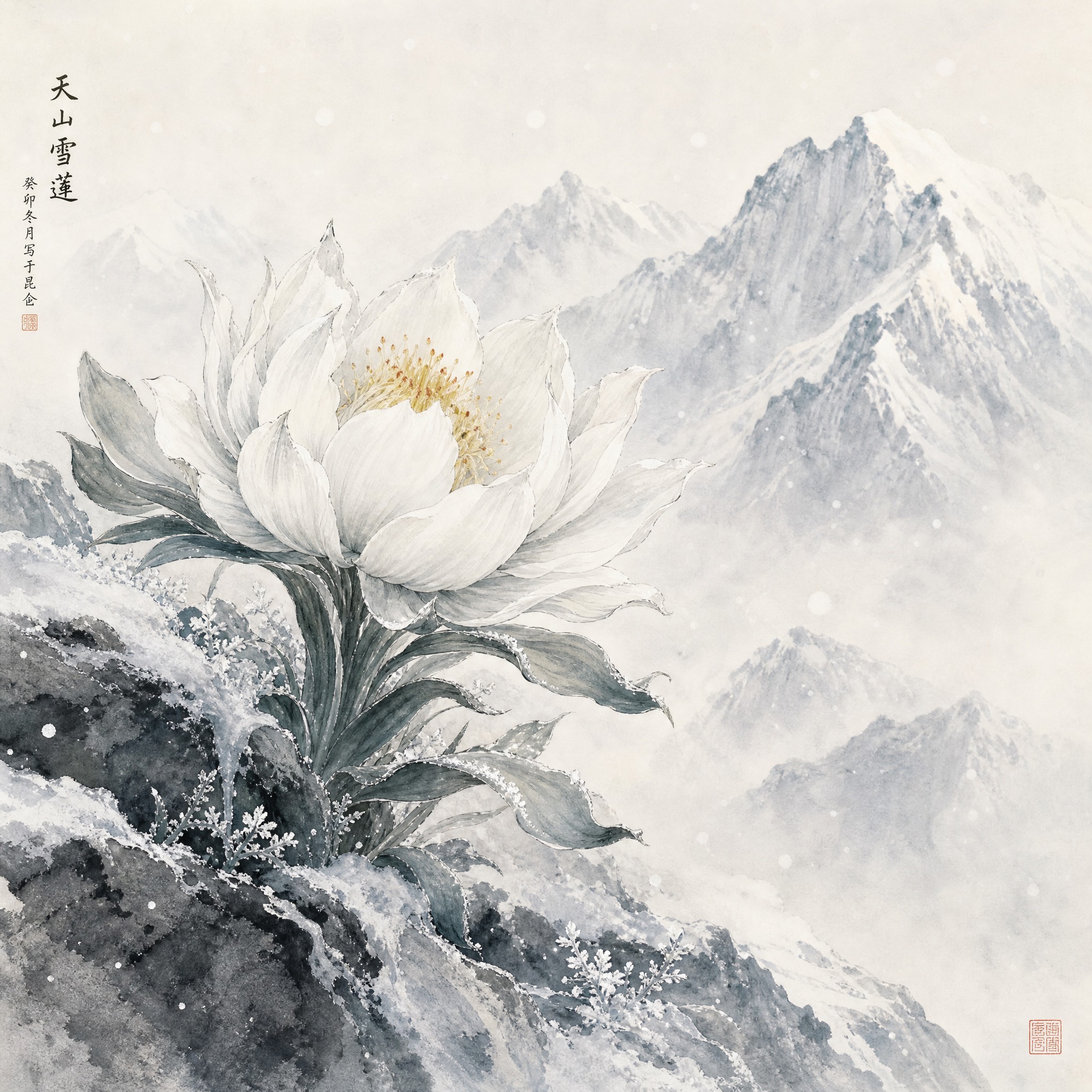 中国传统水墨画风格的天山雪莲花，生长在高山冰雪岩石之间，花瓣洁… - 图片创意预览