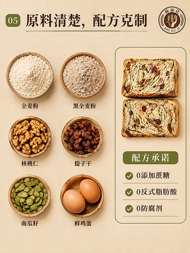 第5张 原料配料图 配方透明。本张使用【图3】作为原料和吐司参考，【图7】作为品牌logo。
左右分栏布局。左侧约60%为6种原料的静物平铺俯拍构图：全麦粉、黑全麦粉、核桃仁、提子干、南瓜籽、鲜鸡蛋，每种原料用小碗或小碟盛装，整齐排列，背景为浅米色纸张。右侧约40%为吐司切面小图和配方说明卡片。
文字排版：左上角编号"05"，主标题"原料清楚，配方克制"大号宋体。左侧每种原料下方标注名称。右侧配方说明卡片用细线框，标题"配方承诺"，下方三条："0添加蔗糖"、"0反式脂肪酸"、"0防腐剂"，每条前有小对勾图标。右上角小号拾谷记logo。
风格：食材编辑部配方页，画面安静干净，不要做成五谷杂粮大杂烩。俯拍平铺，细线框卡片，留白充足。主色浅米色、炭黑文字，点缀橄榄绿。