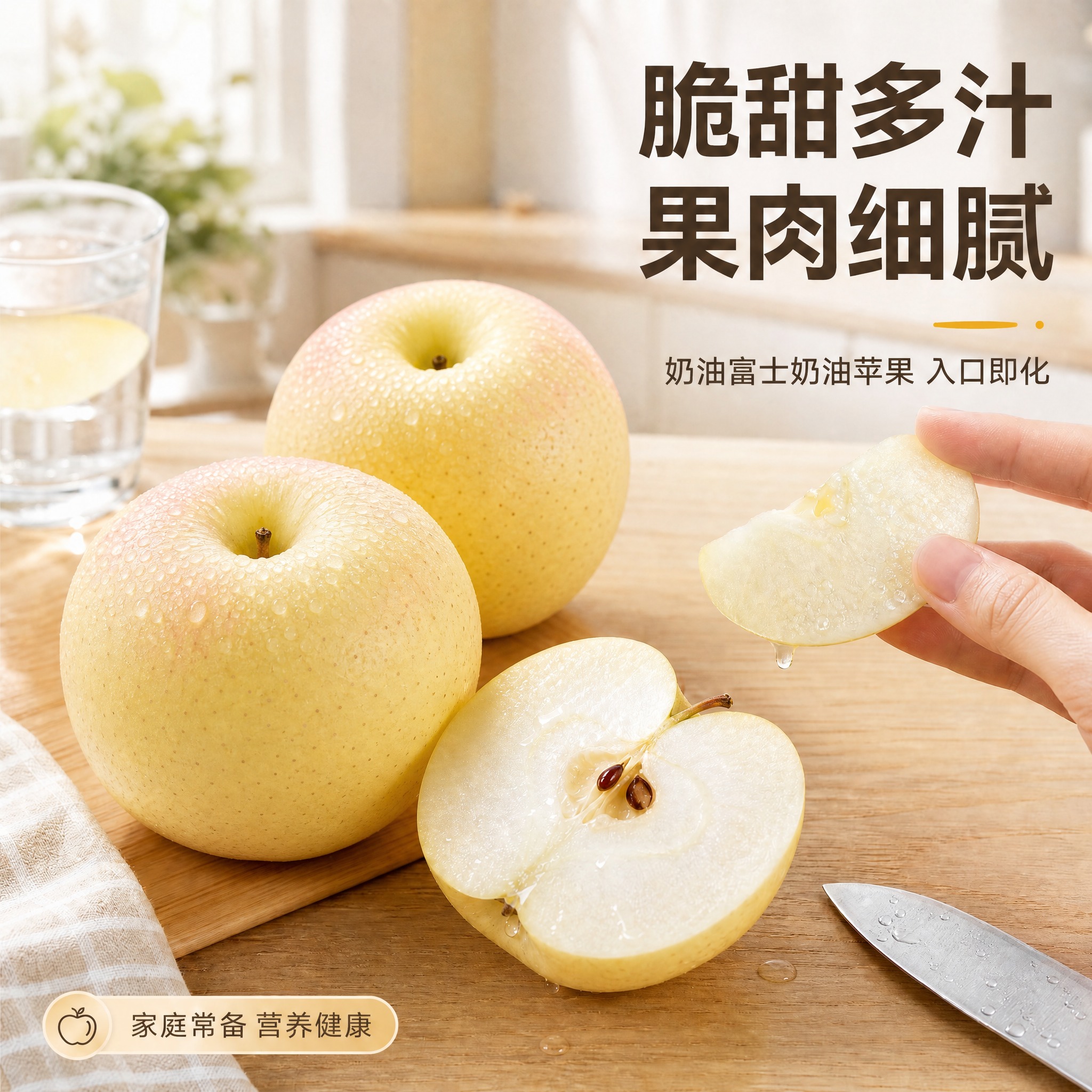 将图中所有苹果的品种从黄元帅苹果改为奶油富士苹果。奶油富士苹果… - 图片创意预览