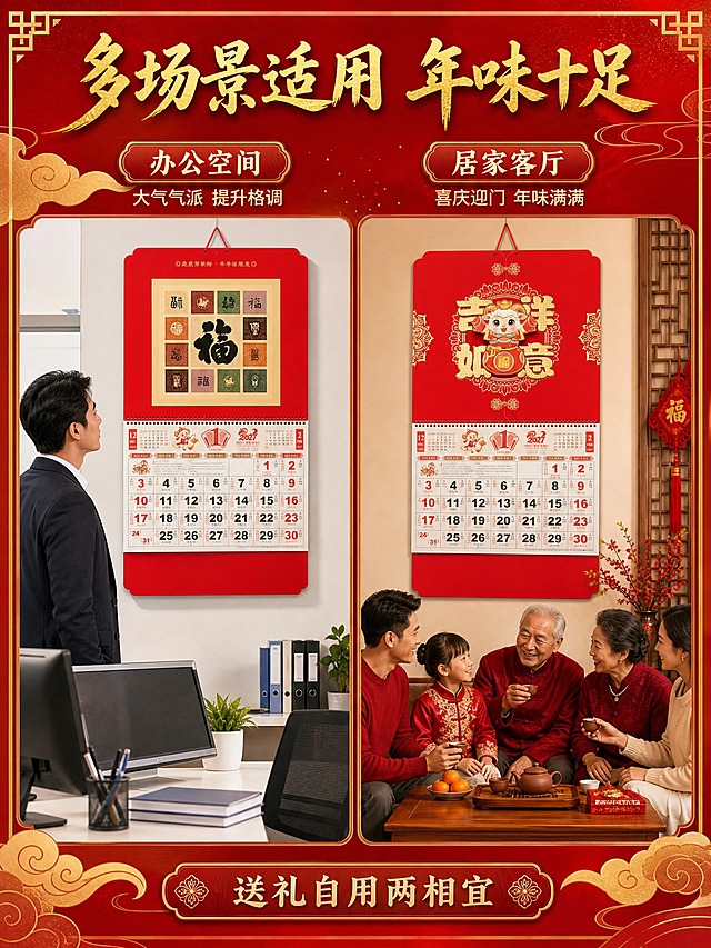 [商品] 使用【图1】【图6】两款2027羊年大六开吊牌月历；保留完整四段式结构和底部85mm广告位，分别为UV百福款和立体吉祥如意款；增强工艺质感和纸张厚度。
[画面] 第6张 使用场景展示页。左右分栏布局，左侧为办公室场景：白色办公墙面挂着UV百福款挂历，旁边有办公桌、电脑、文件、绿植等办公元素，一位职场男性侧身查看挂历日期。右侧为家庭客厅场景：米白墙面挂着立体吉祥如意款挂历，旁边有中式沙发、茶几、茶具、年花等新年装饰，一家人围坐茶几旁，挂历增添年味。两个场景各占约一半，营造真实使用氛围。
[视觉] 套系策略：风格=喜庆中国红高端商业摄影；标题字=大气书法体+烫金效果；正文字=简洁黑体；主色=中国红；背景延展=基于深红做深浅渐变、洒金纹理、祥云纹样延展；强调色=烫金色，仅用于标题、图标、引线和装饰；标题色=烫金色；正文色=米白；组件=金色祥云边框、圆角红底金纹信息卡、传统纹样装饰；光影=正面柔光+侧方暖光，突出烫金和立体工艺的金属光泽与凹凸质感。
[文字] 顶部主标题"多场景适用 年味十足"，办公场景旁标注"办公空间 大气气派 提升格调"，家居场景旁标注"居家客厅 喜庆迎门 年味满满"，底部小字"送礼自用两相宜"。
[规格] 图片比例3:4竖版，2K，避免变形、错字、文字过小、冷蓝背景、挂历结构缺失、底部广告位不完整、人物面部扭曲。