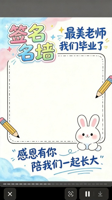 根据参考图修改签名墙页面，保持手抄报简约线条风格，大标题"签名墙"不变，扩大中心大面积留白区域供用户签名，保留可爱兔子、铅笔装饰，和整套纪念册简约线条风格统一，原图https://gdesign-da预览效果