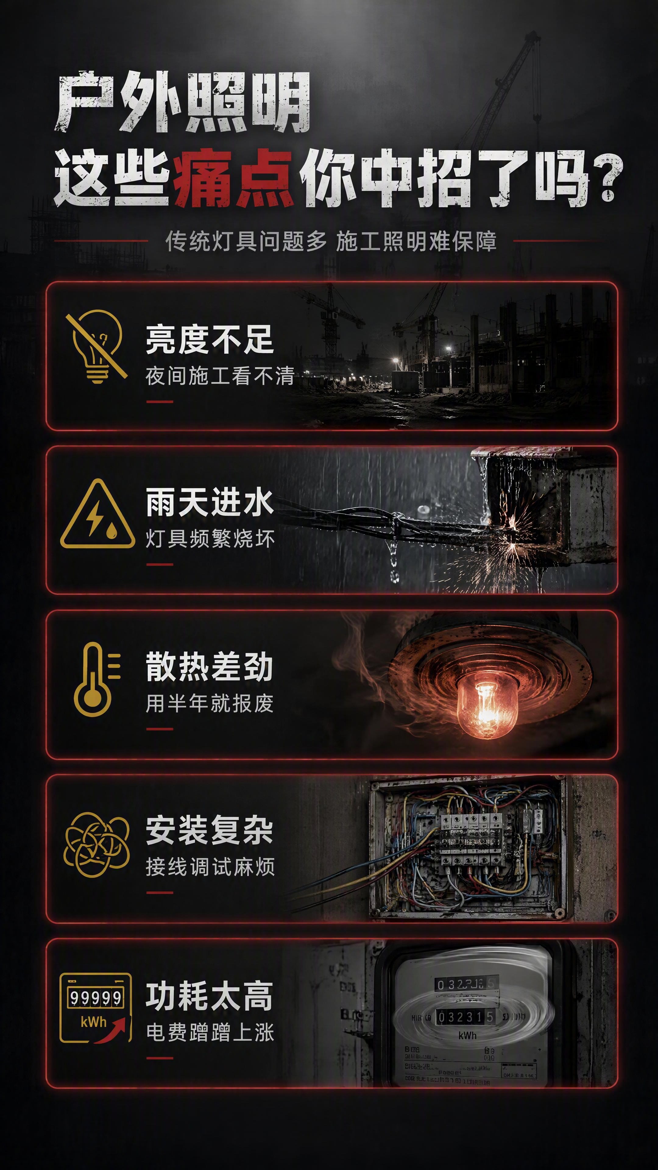 [第2张] 痛点直击页-传统户外照明5大困扰。本张为痛点页，不… - 图片创意预览