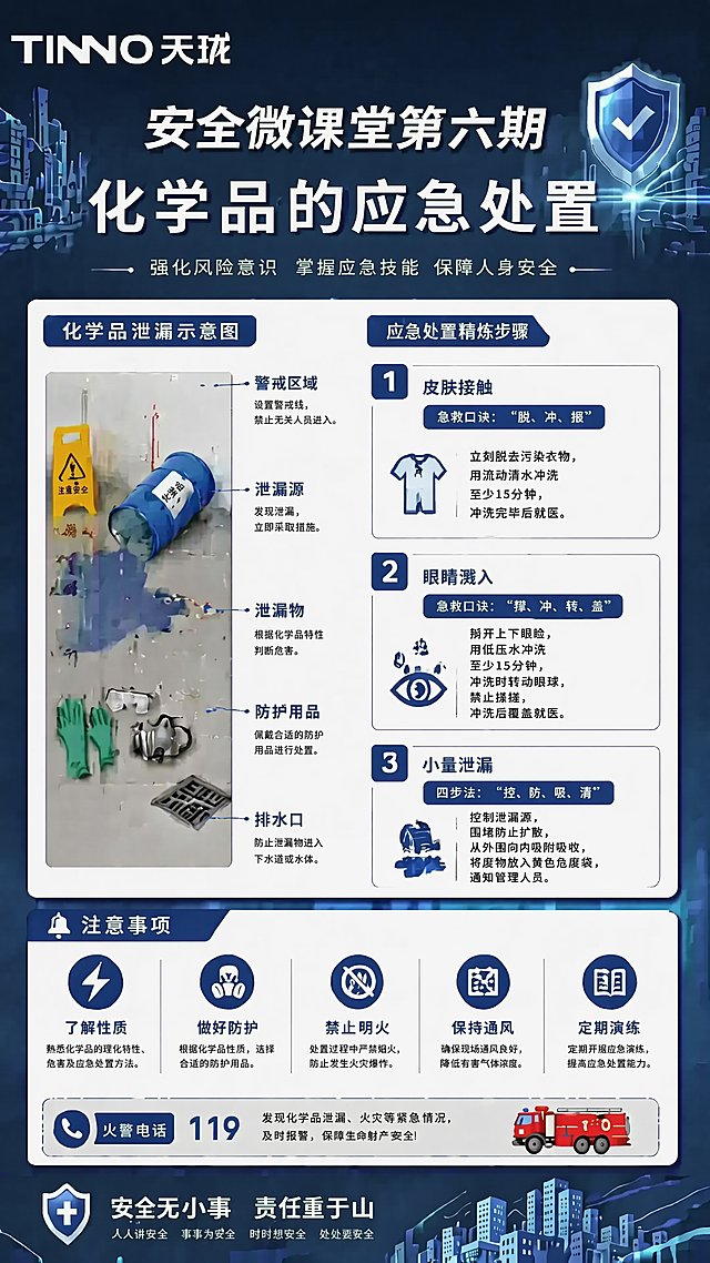 修改当前海报，将原有的应急处置步骤内容替换为以下精炼内容，保持整体排版结构不变，将原红色背景替换为深蓝色安全宣传风格背景，保持顶部TINNO天珑logo不变，保持底部安全标语、火警电话不变，文字完整清晰。
应急处置内容：
（1）皮肤接触：急救口诀“脱、冲、报”，立刻脱去污染衣物，用流动清水冲洗至少15分钟，冲洗完毕后就医。
（2）眼睛溅入：急救口诀“撑、冲、转、盖”，掰开上下眼睑，用低压水冲洗至少15分钟，冲洗时转动眼球，禁止揉搓，冲洗后覆盖就医。
（3）小量泄漏：四步法“控、防、吸、清”，控制泄漏源，围堵防止扩散，从外围向内吸附吸收，将废物放入黄色危废袋，通知管理人员。
整体版式精美，深蓝色商务安全宣传风格，保留原有logo位置和所有结构框架