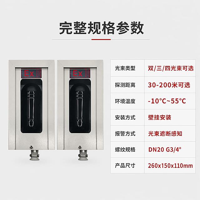 [主图5] 防爆红外对射完整规格参数汇总
[氛围风格] 完整信息展示，助力决策
[画质] 高清商业图文质感，信息排版清晰
[元素] 保持防爆红外对射产品外观物理结构材质质感颜色与输入产品图绝对一致，杜绝任何变形和色差，精细化处理。产品主体放置画面左侧，右侧排列完整规格参数表格，浅灰色背景，整体干净专业
[光影] 均匀布光，产品和文字都清晰可读，无死黑和过曝
[配色] 浅灰底，深灰文字，关键参数红色标注，视觉层级清晰
[视角构图] 左产品右参数，左右分栏构图，主体产品完整展示，参数排版整齐不挤压
[文字版式] 顶部大字标题"完整规格参数"，右侧参数表分两行展示：
光束类型 双/三/四光束可选
探测距离 30-200米可选
环境温度 -10°C~55°C
安装方式 壁挂安装
报警方式 光束遮断感知
螺纹规格 DN20 G3/4°
产品尺寸 260x150x110mm
参数名称小号文字，参数值常规字号，关键参数红色加粗，整齐排列，可读性强
[输出要求] 1:1 比例，文字清晰可辨，超高清商业摄影质感
[负向提示词] 变形，文字错乱，产品图模糊，背景杂乱，水印，电商平台Logo