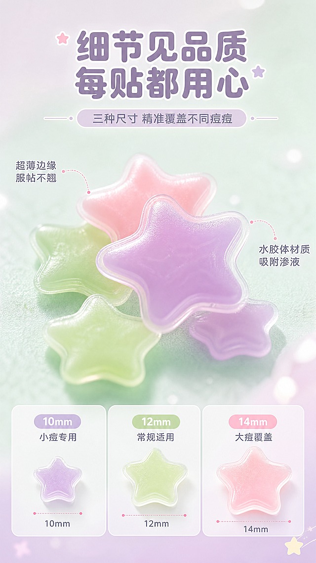 [商品] 使用【图2】两款星星祛痘贴（绿紫款+粉紫款）；保留五角星造型、马卡龙渐变色和三种尺寸排列；商品处理：微距下星星贴边缘清晰，胶体半透明质感明显，色彩鲜亮。
[画面] 目标：产品细节页，微距展示星星贴的质感、尺寸和工艺细节。构图：上方大标题，中间微距特写几枚星星贴（不同尺寸叠放展示），下方三格小图分别展示三种尺寸（10mm/12mm/14mm）；微距主体占画面50%，前景有柔和光斑，中景星星贴微距主体，后景薄荷绿渐变背景。
[视觉] 套系策略：风格=马卡龙甜趣少女风商业摄影；标题字=圆润可爱粗圆体；正文字=简洁无衬线体；主色=淡紫+薄荷绿马卡龙双色；背景延展=基于淡紫和薄荷绿做柔焦渐变、同色深浅晕染和细腻磨砂质感；强调色=嫩粉色，仅用于小面积图标、引线和标签点缀；标题色=深紫灰；正文色=中灰紫；组件=圆角半透明信息卡、虚线引线、星星装饰元素；光影=顶部柔光，微距下胶体有通透光泽和细腻质感。
[文字] 顶部主标题"细节见品质 每贴都用心"，副标题"三种尺寸 精准覆盖不同痘痘"；微距旁用引线标注"超薄边缘 服帖不翘""水胶体材质 吸附渗液"；下方三格分别标注"10mm 小痘专用""12mm 常规适用""14mm 大痘覆盖"。
[规格] 图片比例9:16竖版，4K，避免变形、错字、文字过小、冷蓝灰背景、材质描述失真。